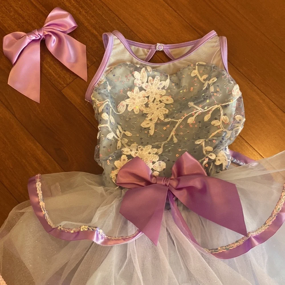 Girls Weissman EUC Blue & Purple Ballerina Costume w/Purple Hairbow - Sz XSC